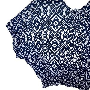 Cato Top Dolman Blouse 3"  Waistband Blue White Design versatile summer breezy